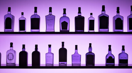 Lots of alcohol bottles on shelves in a bar, violet blue, electric neon back light