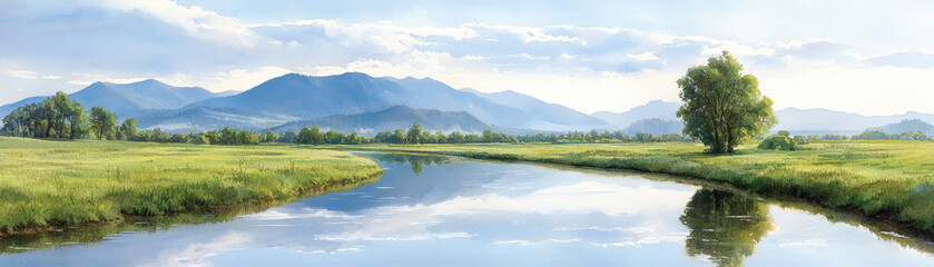 Obraz premium serene landscape featuring river, mountains, and lush greenery