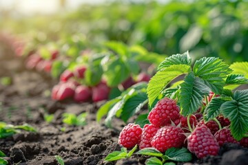 Ripe raspberries grow on the bushes on the farm