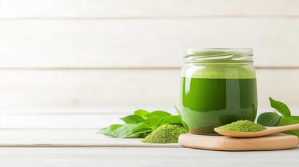 Fresh Matcha Green Tea in Glass Jar with Powder and Leaves on Wooden Table