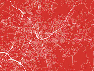 Christmas Map of Oldham, United Kingdom in Snowy White on Festive Red Background.