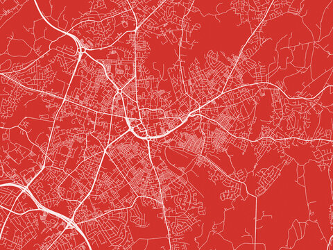Christmas Map of Oldham, United Kingdom in Snowy White on Festive Red Background.