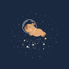 Capybara in space. Cute little animal against the dark background of the night sky. Capybara constellation