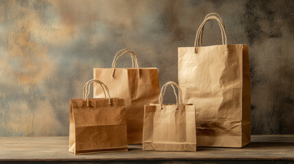 A neatly arranged table featuring six shopping bags of varying sizes and heights, illuminated by soft, even lighting.The compact composition emphasizes balance and simplicity, ideal for showcasi