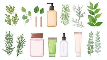 Natural Skincare Products and Botanical Elements Illustration for Organic Beauty Concepts