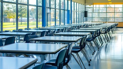 Empty school cafeteria tables during off-peak hours, a serene moment of reflection on the passage of time and the transient nature of youth.