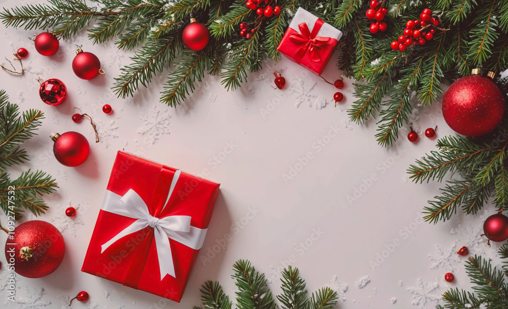 Poster Red box with a white bow sits in front of a Christmas tree. The tree is covered in red and white ornaments