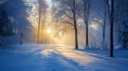 Naklejka premium serene winter forest with sun rays breaking through frosty trees and snowy path at sunrise