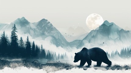 Bear Silhouette in a Watercolor Mountain Landscape