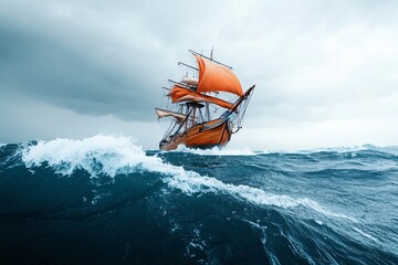 Historic wooden sailing ship with orange sails braving rough ocean waves during a storm under a cloudy sky. Maritime exploration and adventure concept.