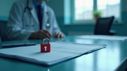 Medical record on desk secured by a red padlock symbolizes patient confidentiality