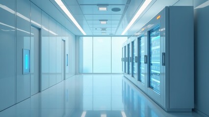 Brightly lit futuristic medical data vault with sleek design and advanced storage solutions