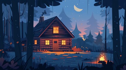 A cartoon cabin in the woods at night.