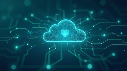 Abstract illustration of medical data and a heart within a blue secure network cloud