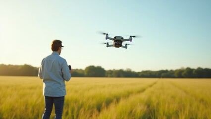 Scientist operating a drone with air quality sensors in a grass field under clear blue sky