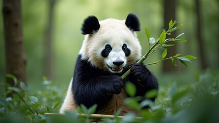Fototapeta premium Delightful panda nibbling on bamboo surrounded by vibrant greenery in a peaceful forest environment