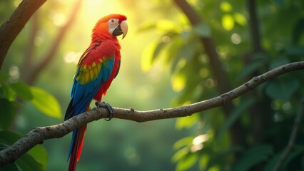 Obraz premium Beautiful colorful parrot displaying vibrant feathers on tree branch with soft sunlight filtering through rainforest canopy