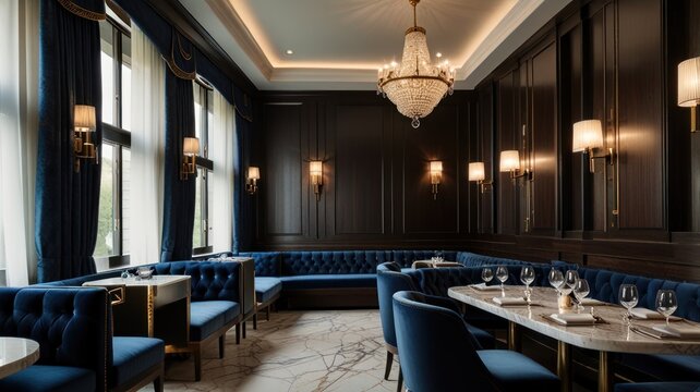 Here's a possible  and keyword list for your stock photo.. Luxurious dining room with dark wood paneling, plush velvet seating, and crystal chandelier.