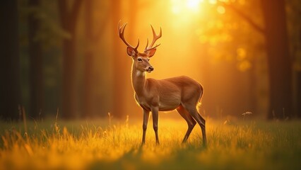 Serene deer standing in a sunlit glade, alert in lush forest with soft hues of sunset and ample copyspace
