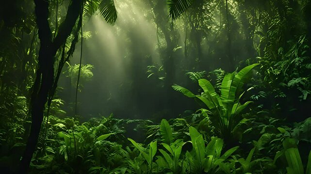 Sunlight Filters Through Lush Rainforest Canopy