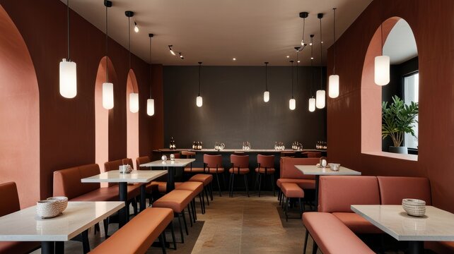 keyword suggestions once you upload the image.... Modern restaurant interior with terracotta walls, arched windows, and minimalist furniture.