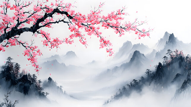 A Japanese ink wash painting (sumi-e) of a spring scene, with delicate cherry blossoms cascading down branches and a serene mountain backdrop in soft grayscale tones.