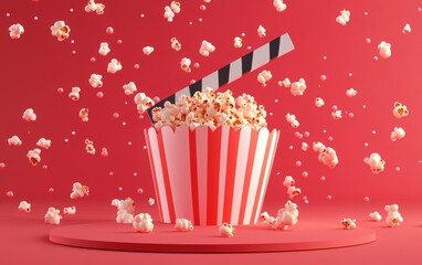National Popcorn Day. 3D web banner design with a clapperboard, film reel, and popcorn on a red background. online cinema service website landing page. website template mockup for a digital media