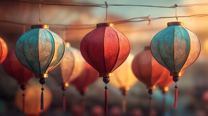 Obraz premium Colorful paper lanterns hanging on strings during sunset.