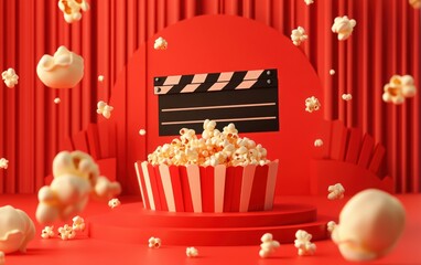 National Popcorn Day. 3D web banner design with a clapperboard, film reel, and popcorn on a red background. online cinema service website landing page. website template mockup for a digital media