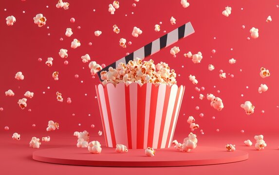 National Popcorn Day. 3D web banner design with a clapperboard, film reel, and popcorn on a red background. online cinema service website landing page. website template mockup for a digital media