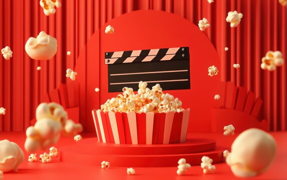 National Popcorn Day. 3D web banner design with a clapperboard, film reel, and popcorn on a red background. online cinema service website landing page. website template mockup for a digital media