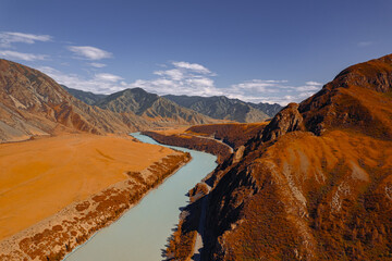Beautiful autumn landscape Katun river and mountains, famous tourist spot in republic Altai...