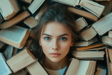 Young woman surrounded by open books, capturing a moment of reflection and knowledge in nature