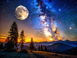 Fototapeta premium Majestic Night Sky Silhouette with Moon: A Tranquil Scene of Nature's Beauty Under a Starry Canopy