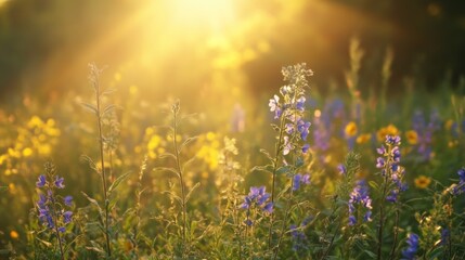 Obraz premium Wildflowers in a sunny meadow with warm sunlight.