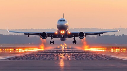 An airplane landing on a runway at sunset, showcasing aviation activity.