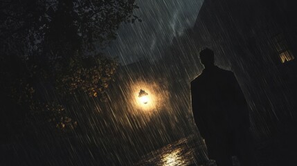 A silhouette of a person in the rain, illuminated by a street lamp.