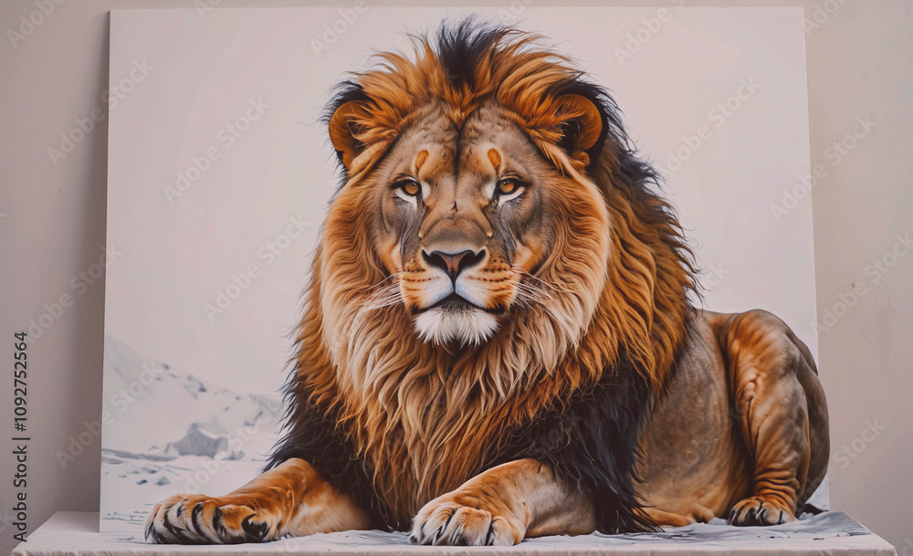 Poster lion is laying on the ground. it has a long mane and a long tail. the lion is looking at the camera
