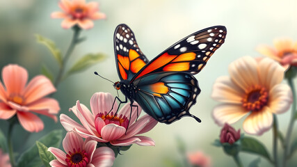 Fototapeta premium A detailed butterfly with vibrant wings perched on a blooming flower illustration. Generative AI