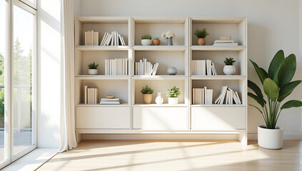 A neatly styled modern bookshelf with neutral-colored books, potted plants, and minimal decorative elements, in a bright, sunlit living room.