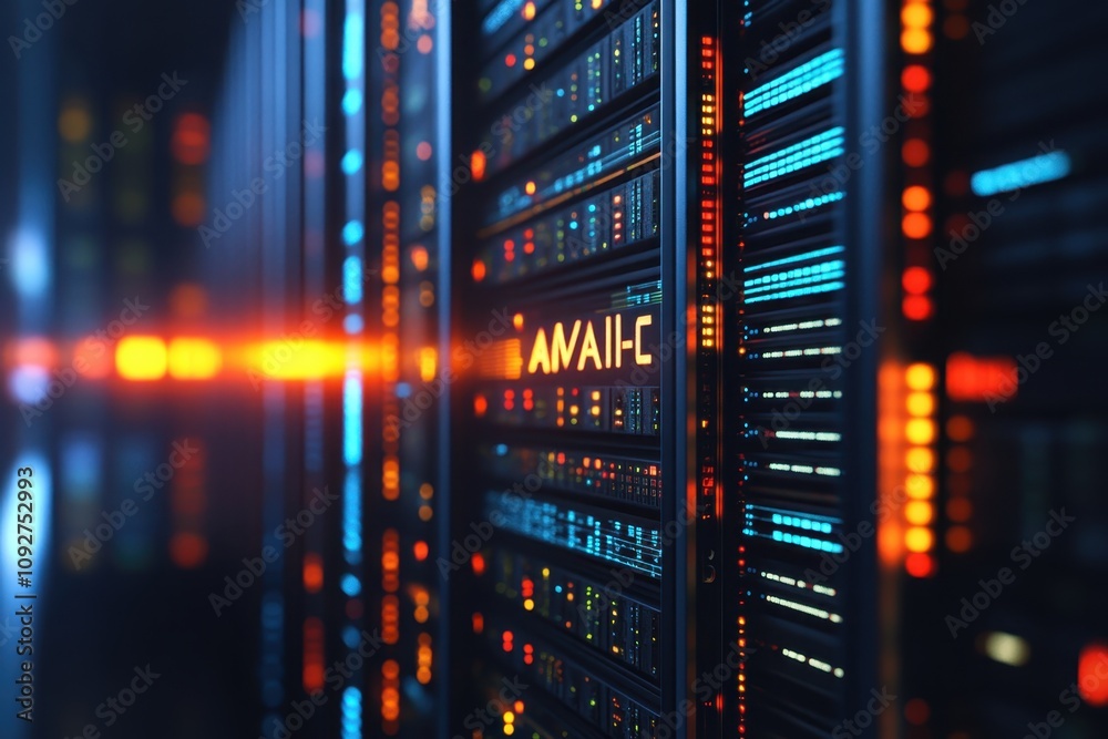 Poster advanced data center with illuminated server racks during nighttime operations