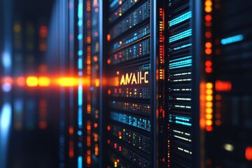 Advanced data center with illuminated server racks during nighttime operations