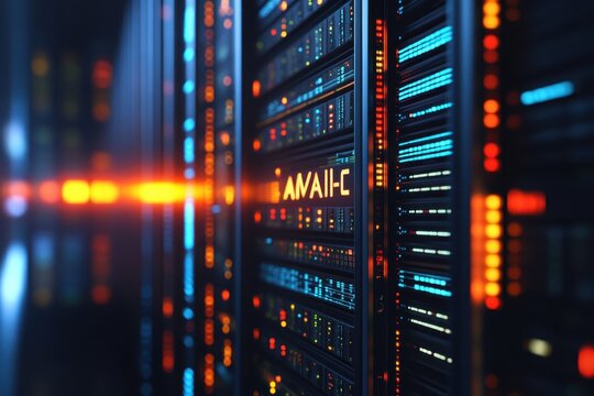 Advanced data center with illuminated server racks during nighttime operations