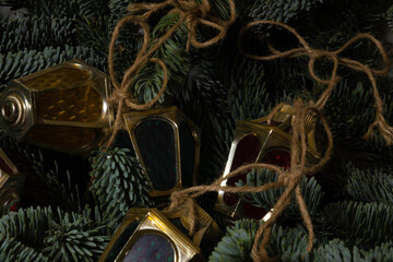 Beautiful festive decorations on the Christmas tree. Close-up. Beautiful Christmas background. The concept of decorations and decor for the new year. New Year's card 2025.