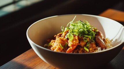 A vibrant bowl of shrimp, topped with fresh herbs, served over rice, highlighting delicious Asian cuisine in a warm, inviting setting.
