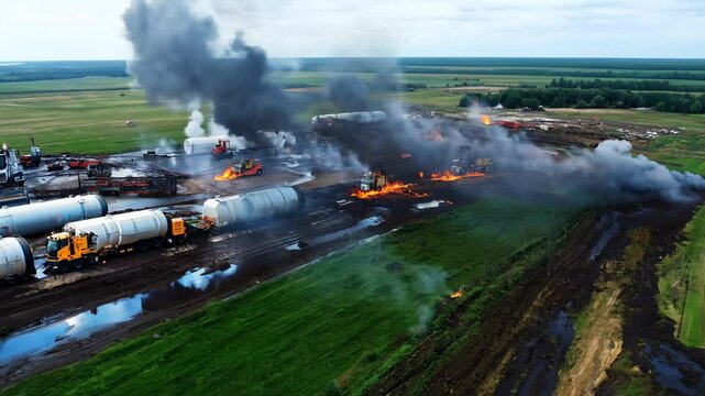 Aerial view of a fire at an oil refinery. Man-made disaster. Aerial view of a devastating fire at the oil refinery, releasing acrid smoke into the sky.