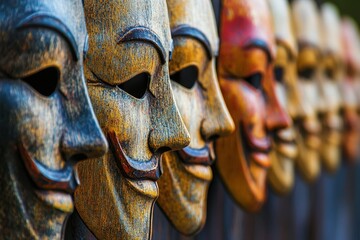 Intricately carved masks displayed at an outdoor art market in vibrant colors