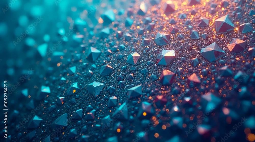 Poster intricate surface displays a multitude of small triangular and polygonal facets reflecting light in 