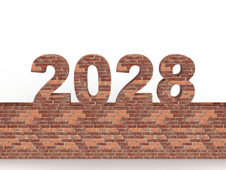 Brick New Year 2028 set on a stone wall in front. Post idea for a construction company. 3d rendering