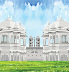 Obraz premium Traditional Mughal forest, garden, arch, peacock, bird illustration, Traditional Mughal temple lattice wall peacock tree pattern illustration